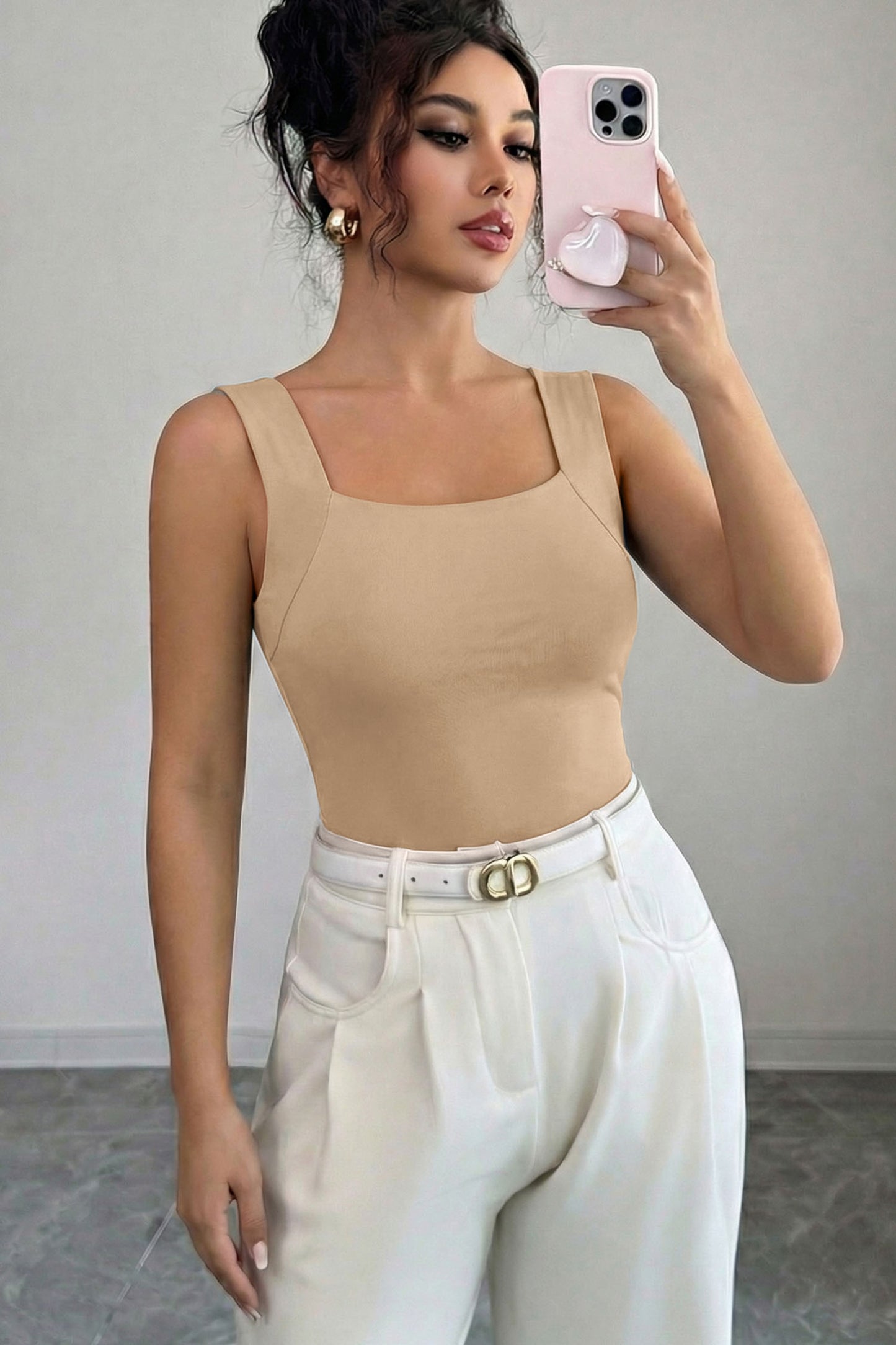 Black Solid Color Wide Strap Splicing Athleisure Tank Top