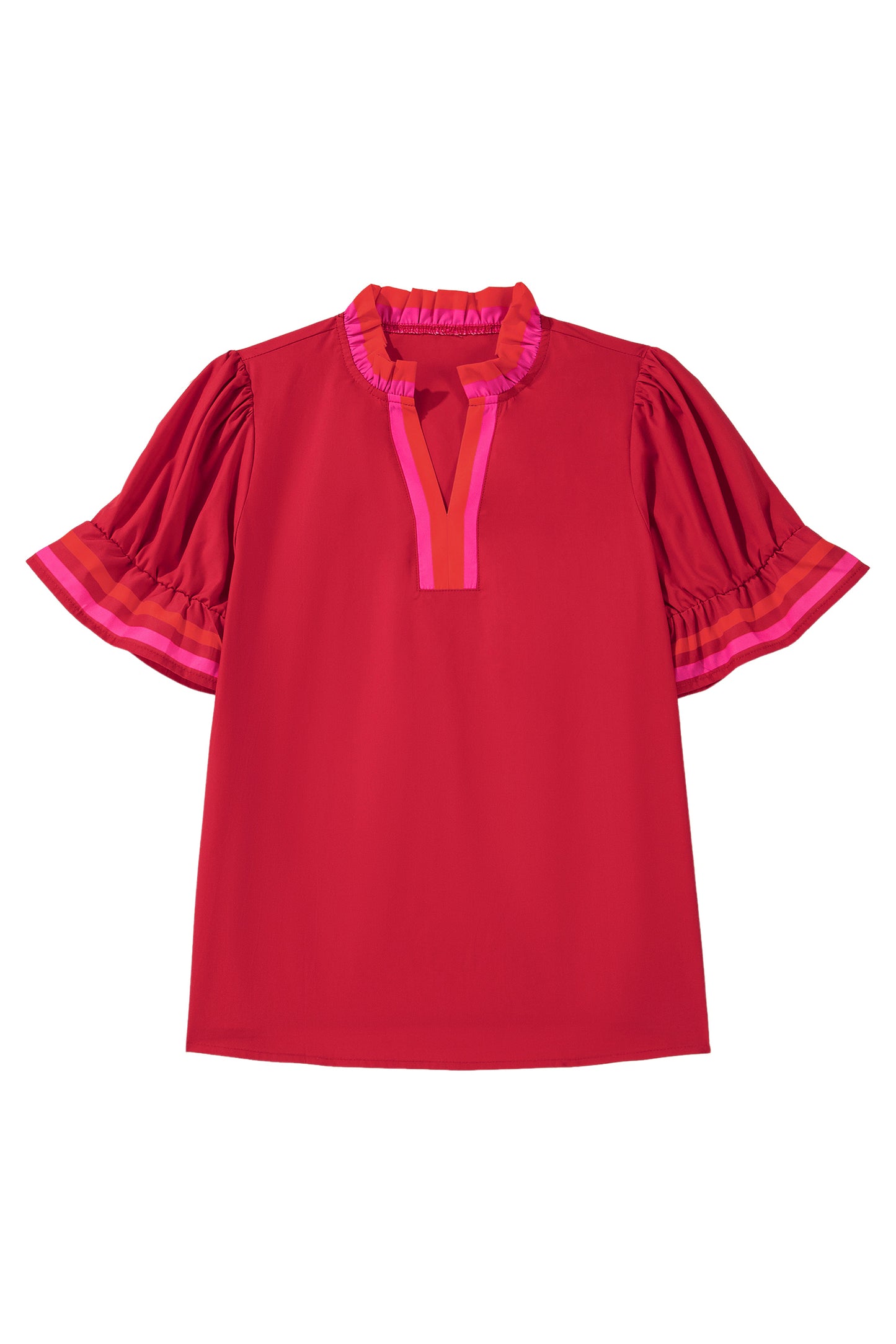 Fiery Red Striped Frilled Collar Ruffled Short Sleeve Blouse