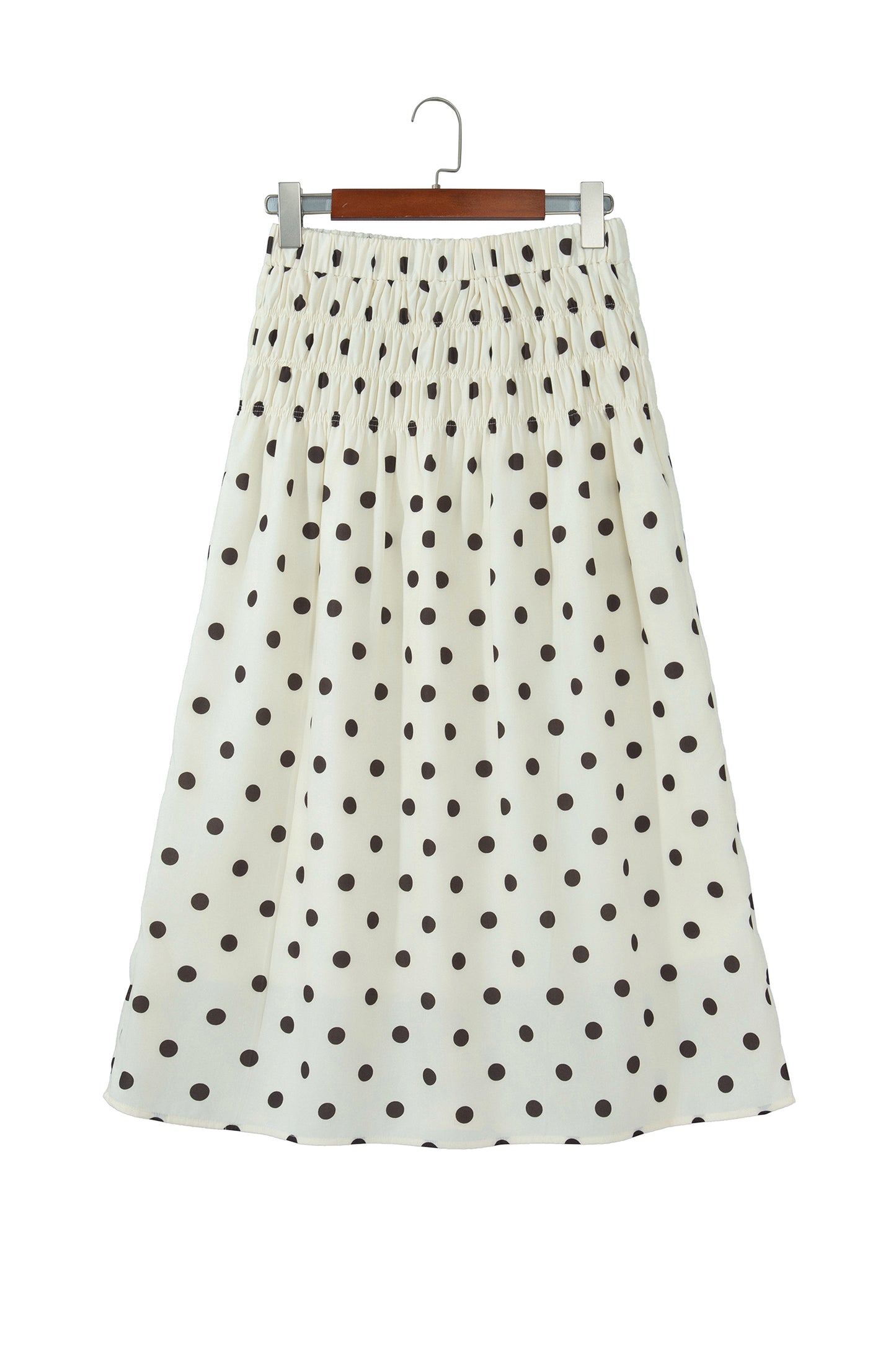 Beige Stripe Polka Dot Print Smocked High Waist Long Skirt