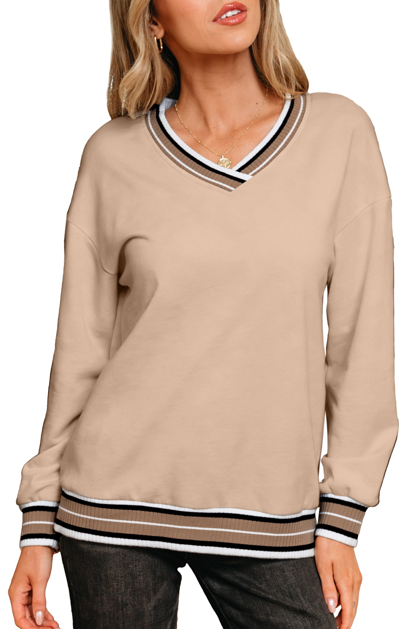 Navy Blue Varsity Contrast Striped Trim V Neck Sweatshirt