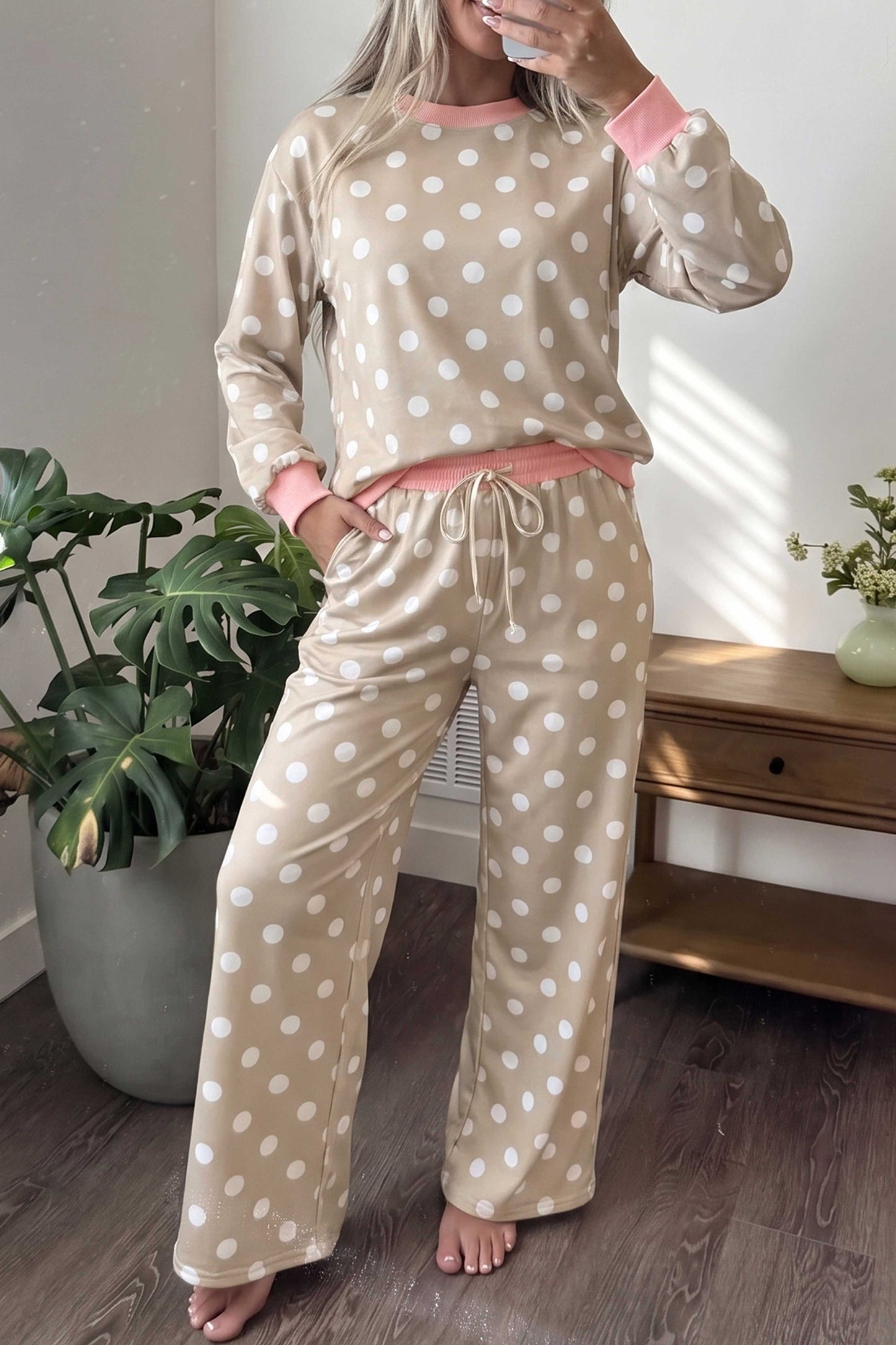Sky Blue Polka Dot Contrast Trim Long Sleeve Top Drawstring Shift Pants Set