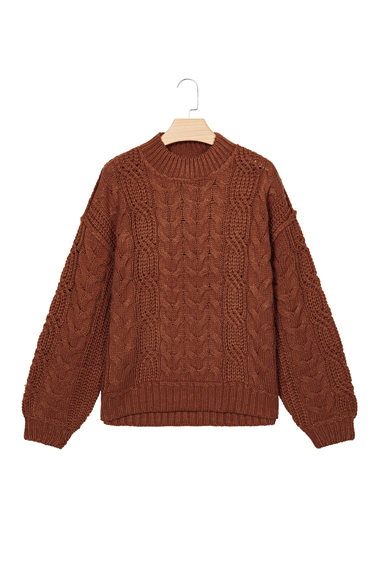 Coffee Solid Color Cable Knit High Neck Loose Pullover Sweater