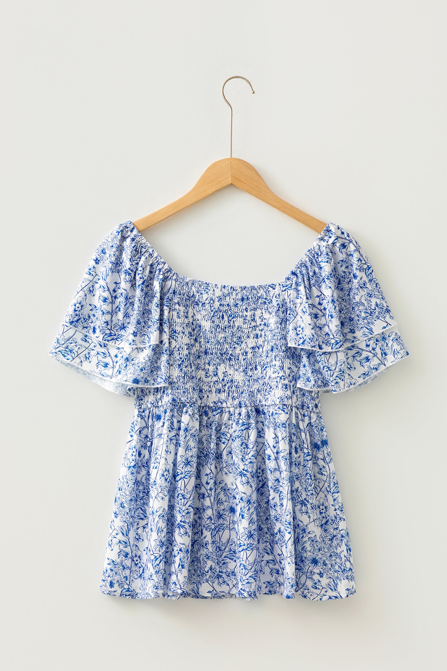 Sky Blue Floral Print Square Neck Ruffled Sleeve Shirred Babydoll Blouse