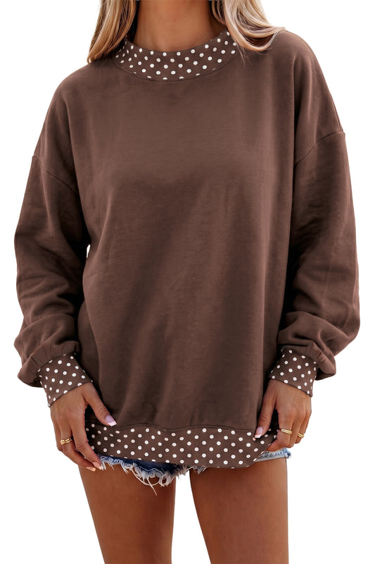 Brown Colorblock Polka Dot Contrast Trim Oversized Sweatshirt