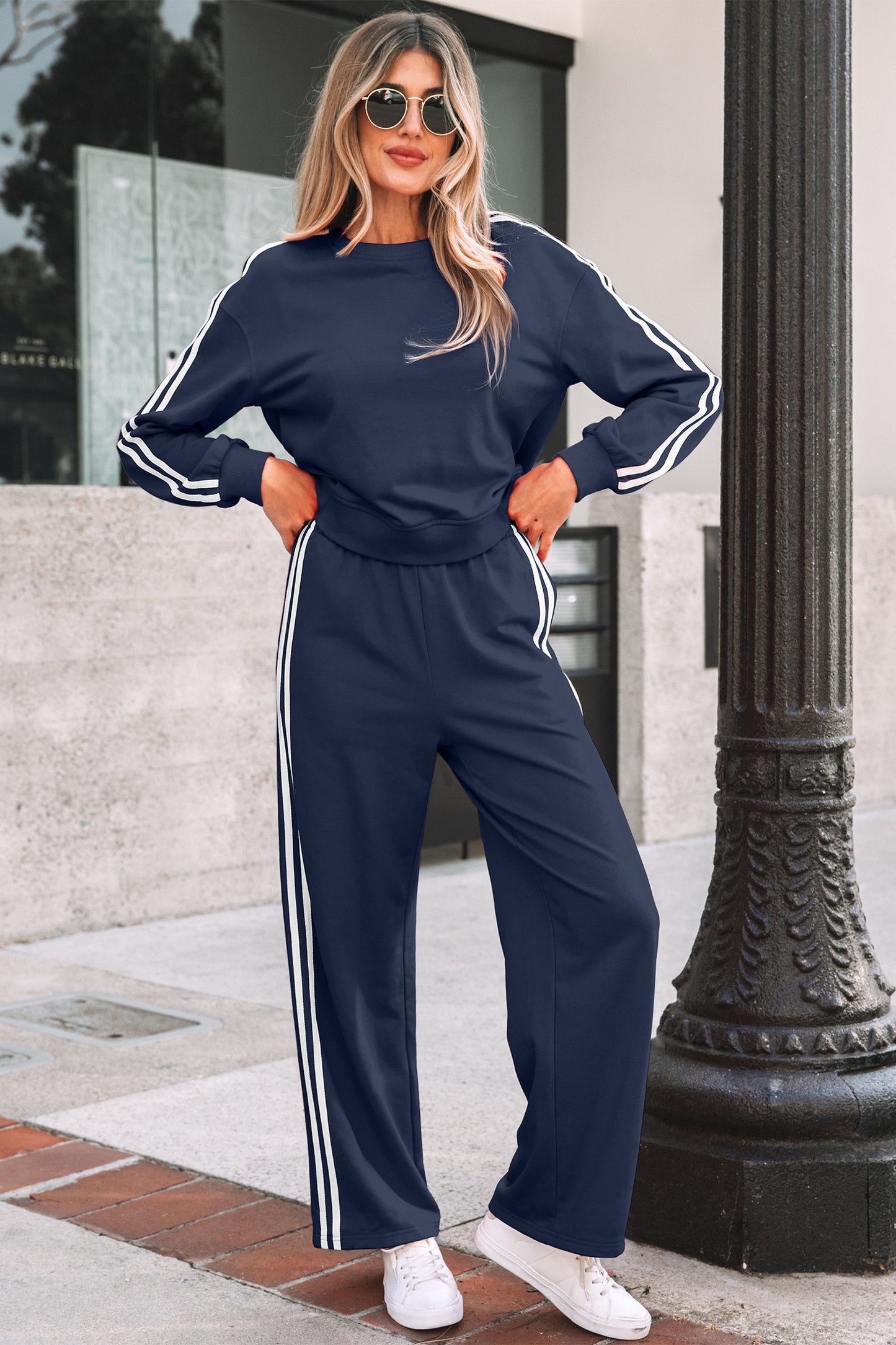 Gray Morn Varsity Striped Detail Crewneck Pullover Elastic Sweatpants 2pcs Outfit