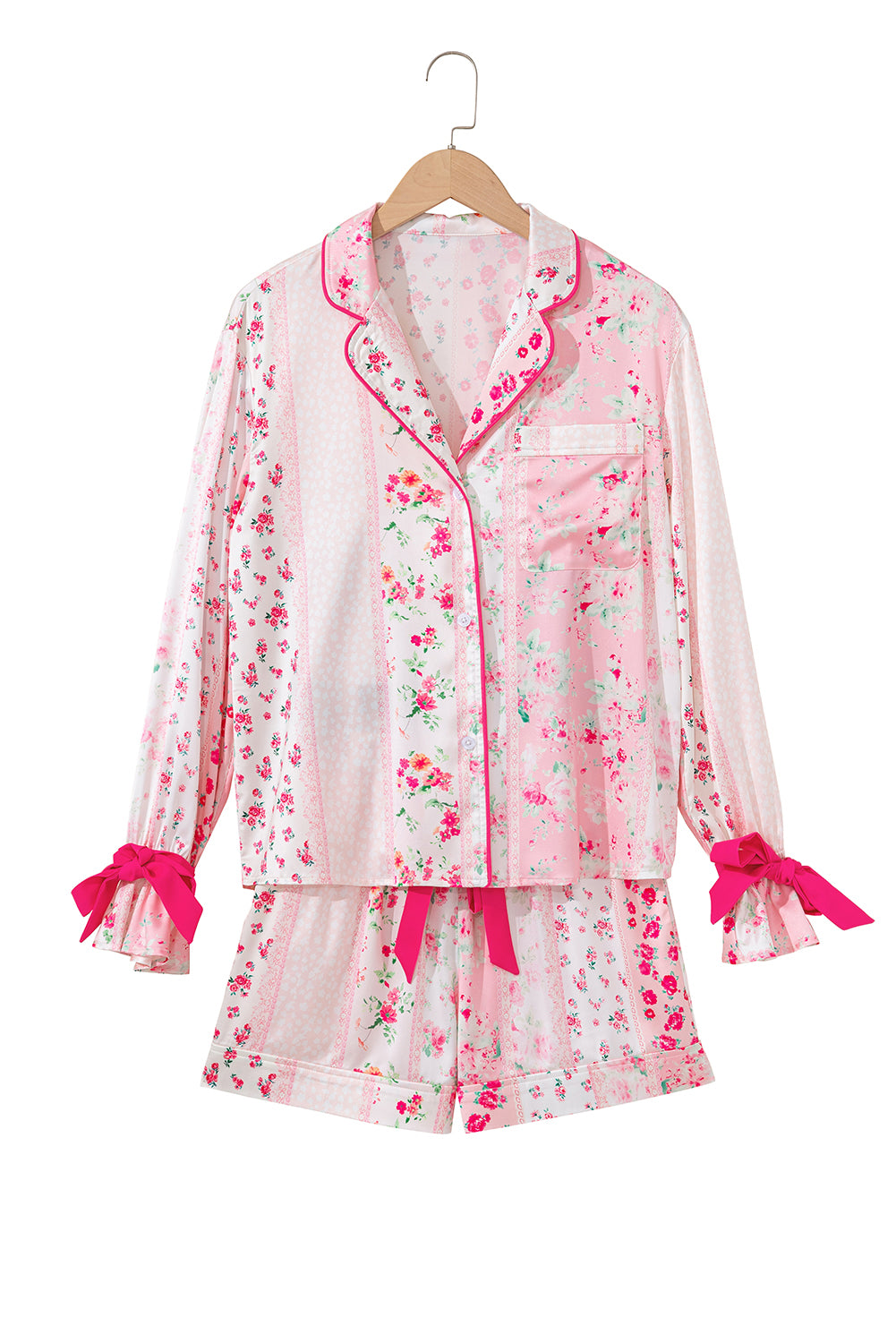 Pink Mixed Floral Print Contrast Piping Trim Satin Tie 2pcs Pajama Set