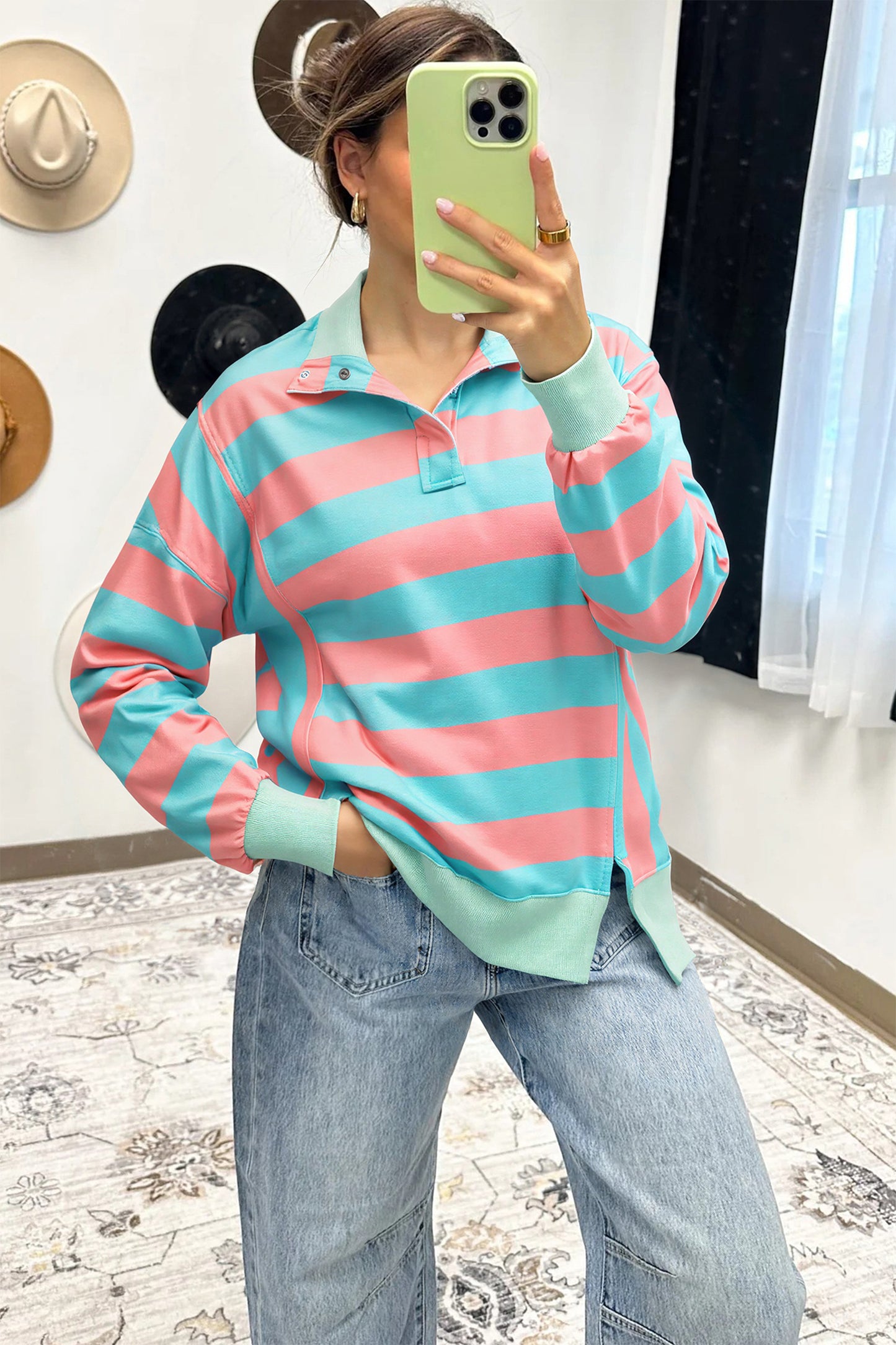 Pink Stripe Colorblock Drop Shoulder Buttoned Collar Side Slit Pullover Top