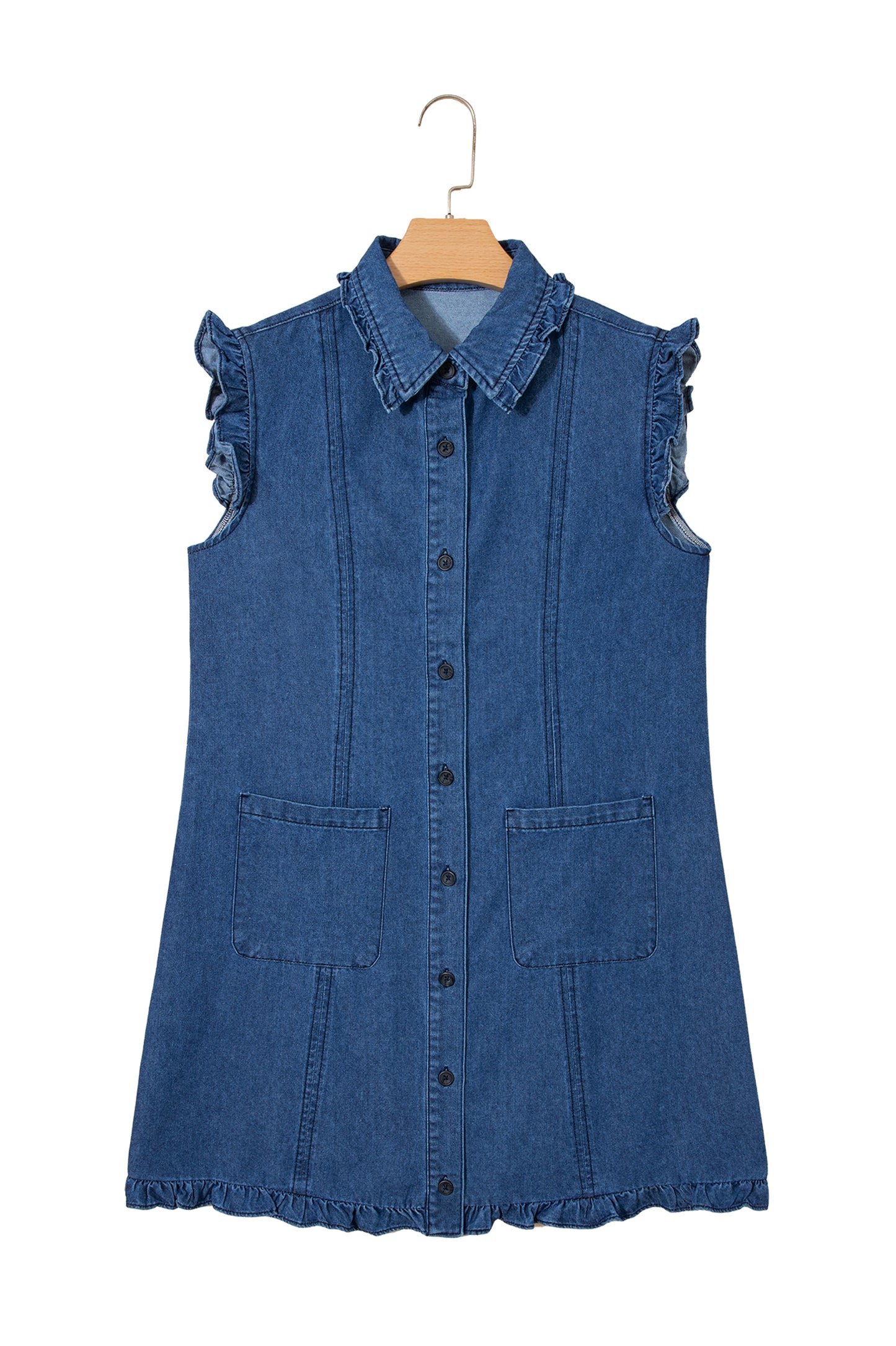 Sail Blue Ruffled Edge Collared Shift Denim Dress with Pockets