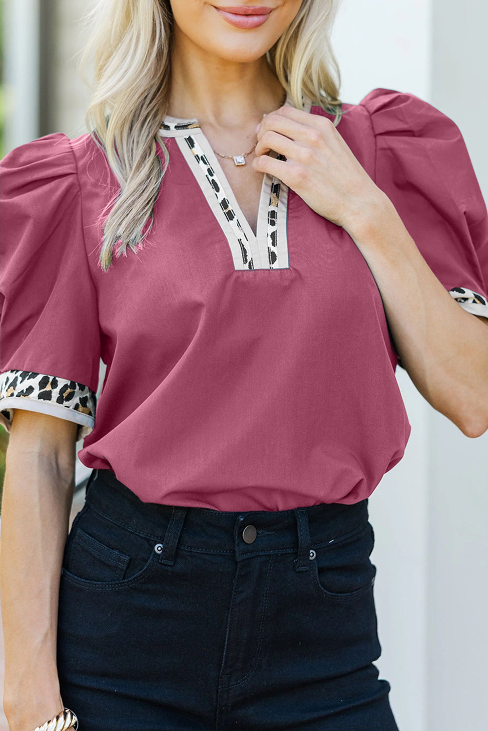 Buckskin Contrast Leopard Trim Split Neck Puff Sleeve Blouse