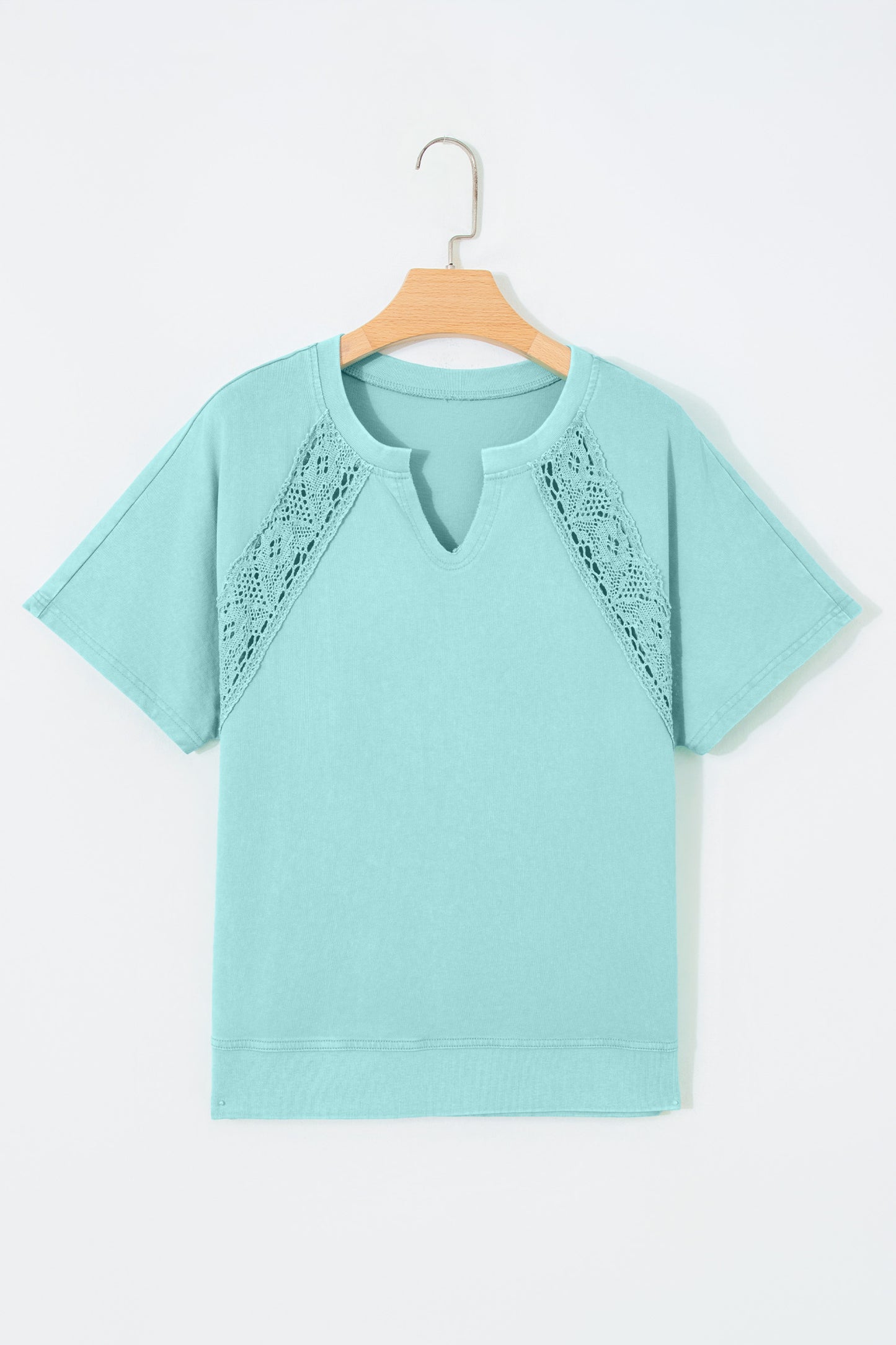 Mint Green Raw Cut Notched Neck Lace Patchwork Detail Mineral Wash Tee