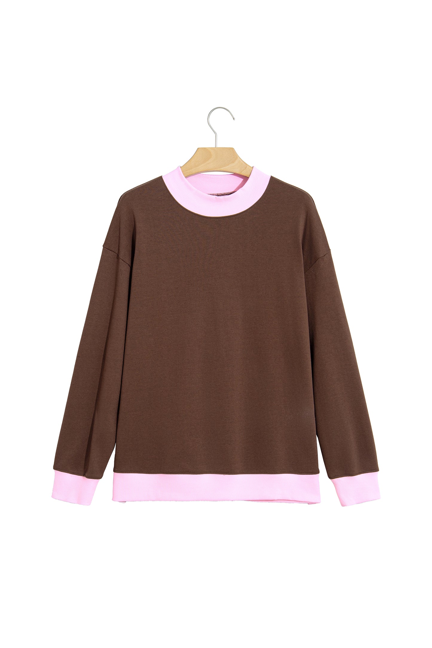 Coffee Colorblock Trim Crewneck Long Sleeve Pullover Sweatshirt