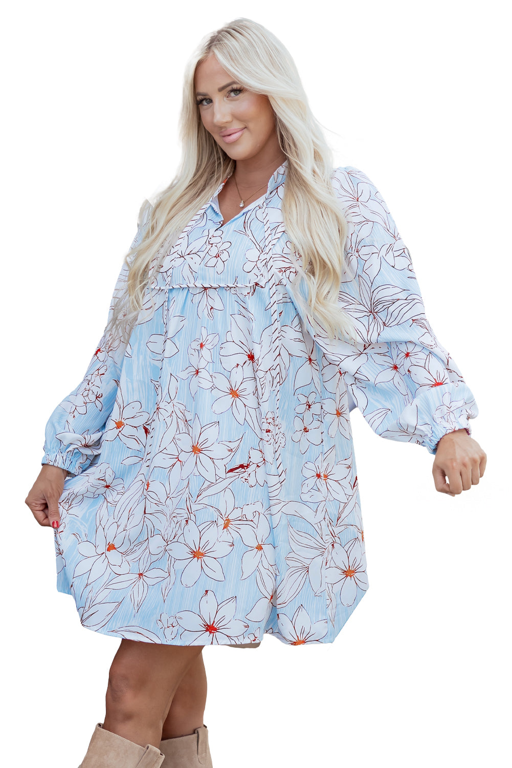 Brown Floral Print Tie Neck 3/4 Sleeve Mini Dress