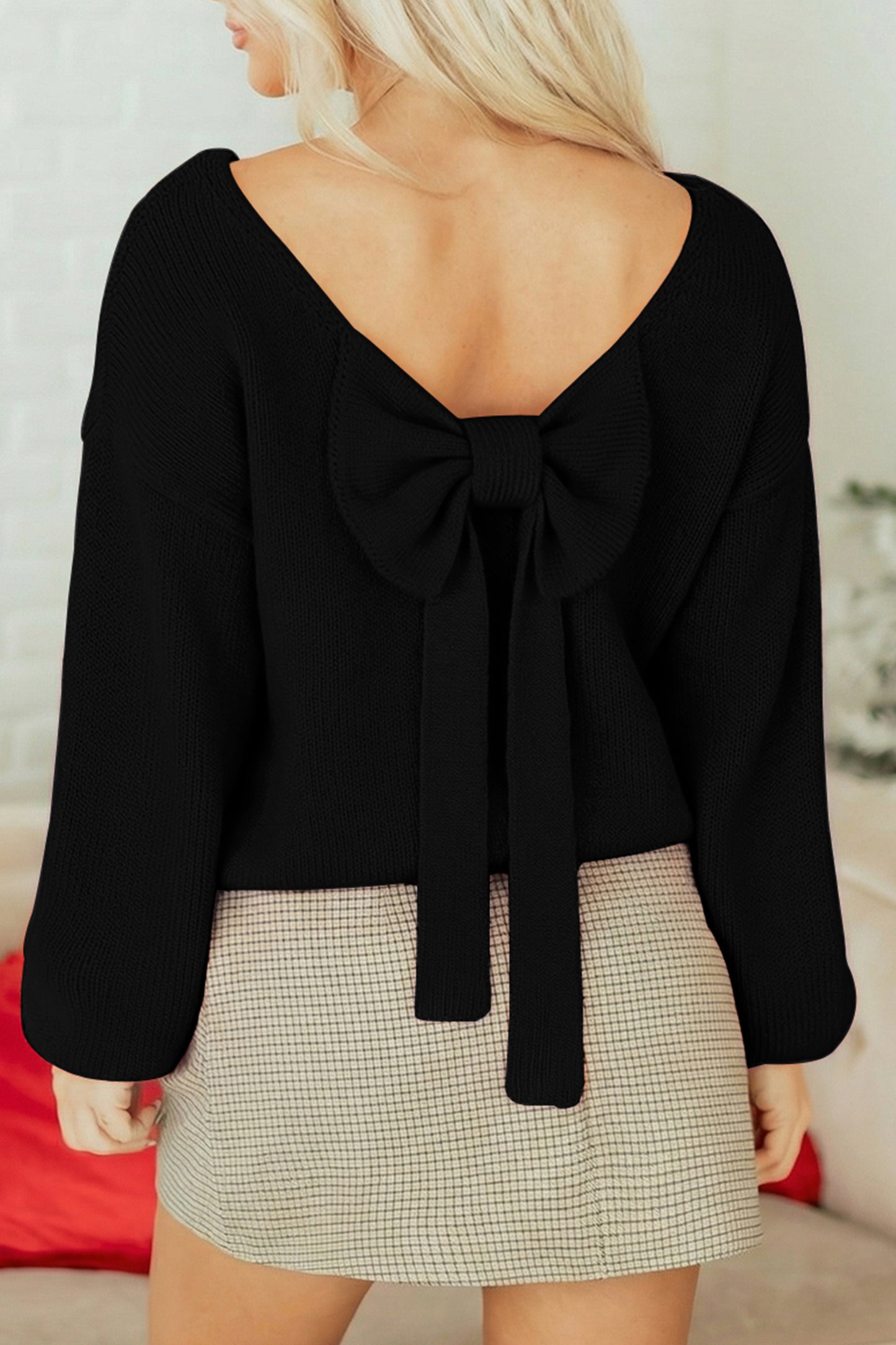 Bright Green Festive Bow Backless Bubble Sleeve Sweater