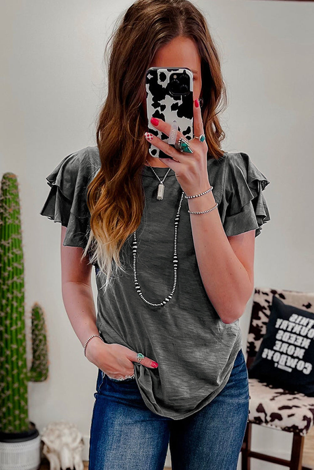 Dark Grey Layered Ruffle Short Sleeve Round Neck Top