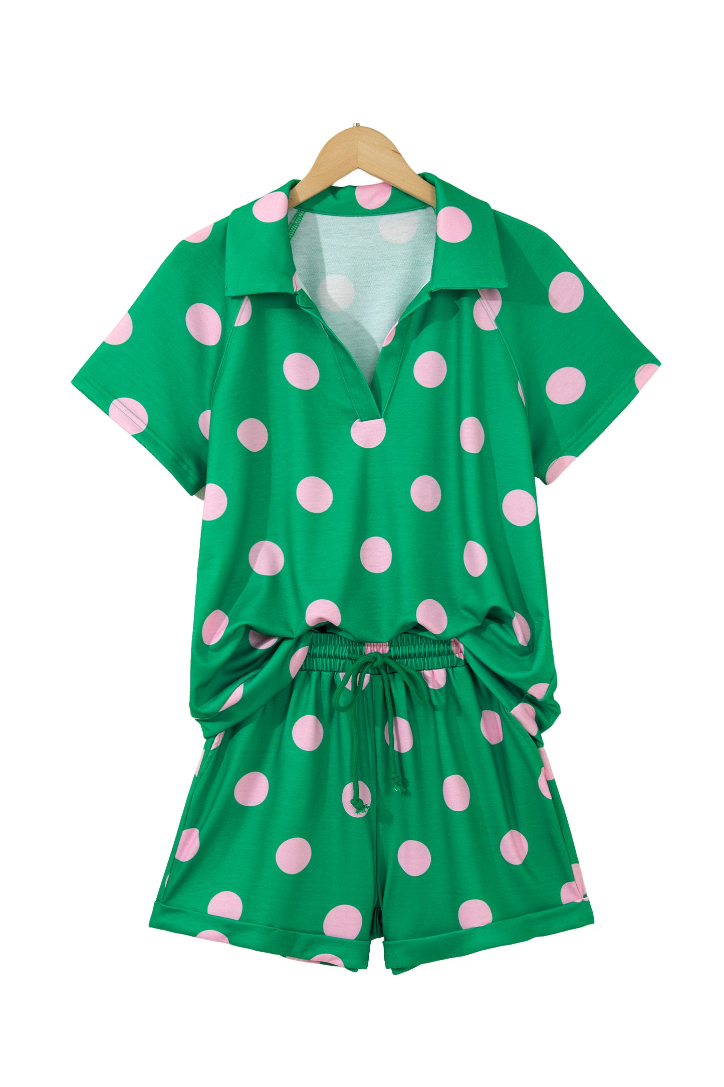 Pink Polka Dot Print V Neck Tee Short Set