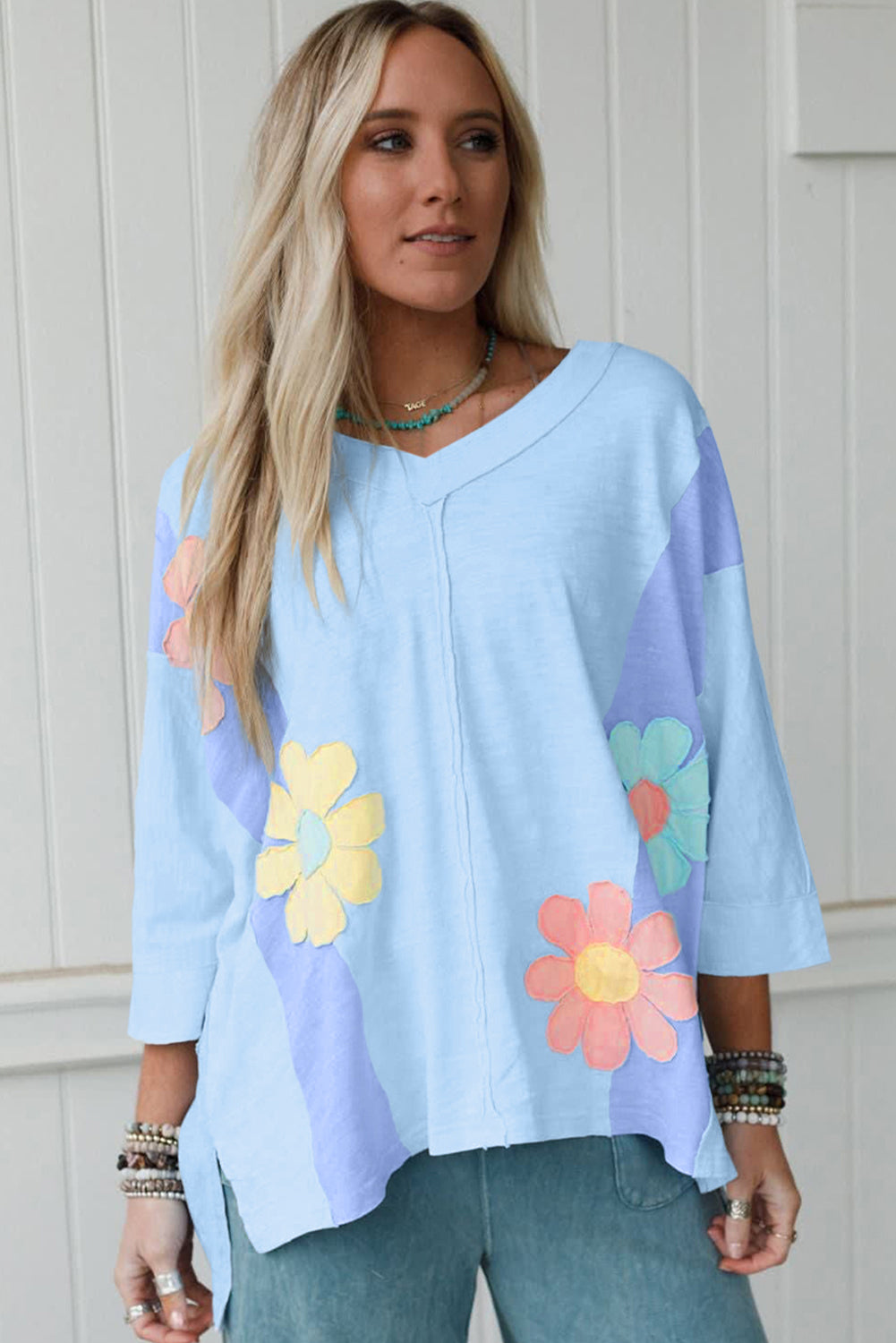 Pink Flower Patched Exposed Seam Bracelet Sleeve Oversized T Shirt