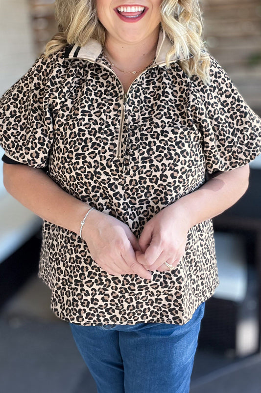 Brown Plus Size Leopard Print Striped Webbing Patchwork Half Zip Blouse