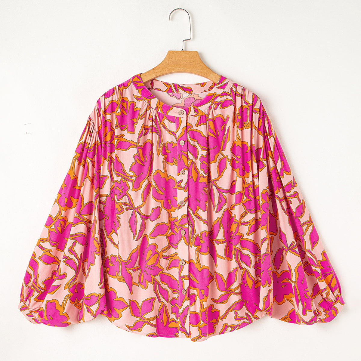 Gray Morn Floral Print Batwing Sleeve Buttoned Loose Fit Shirt