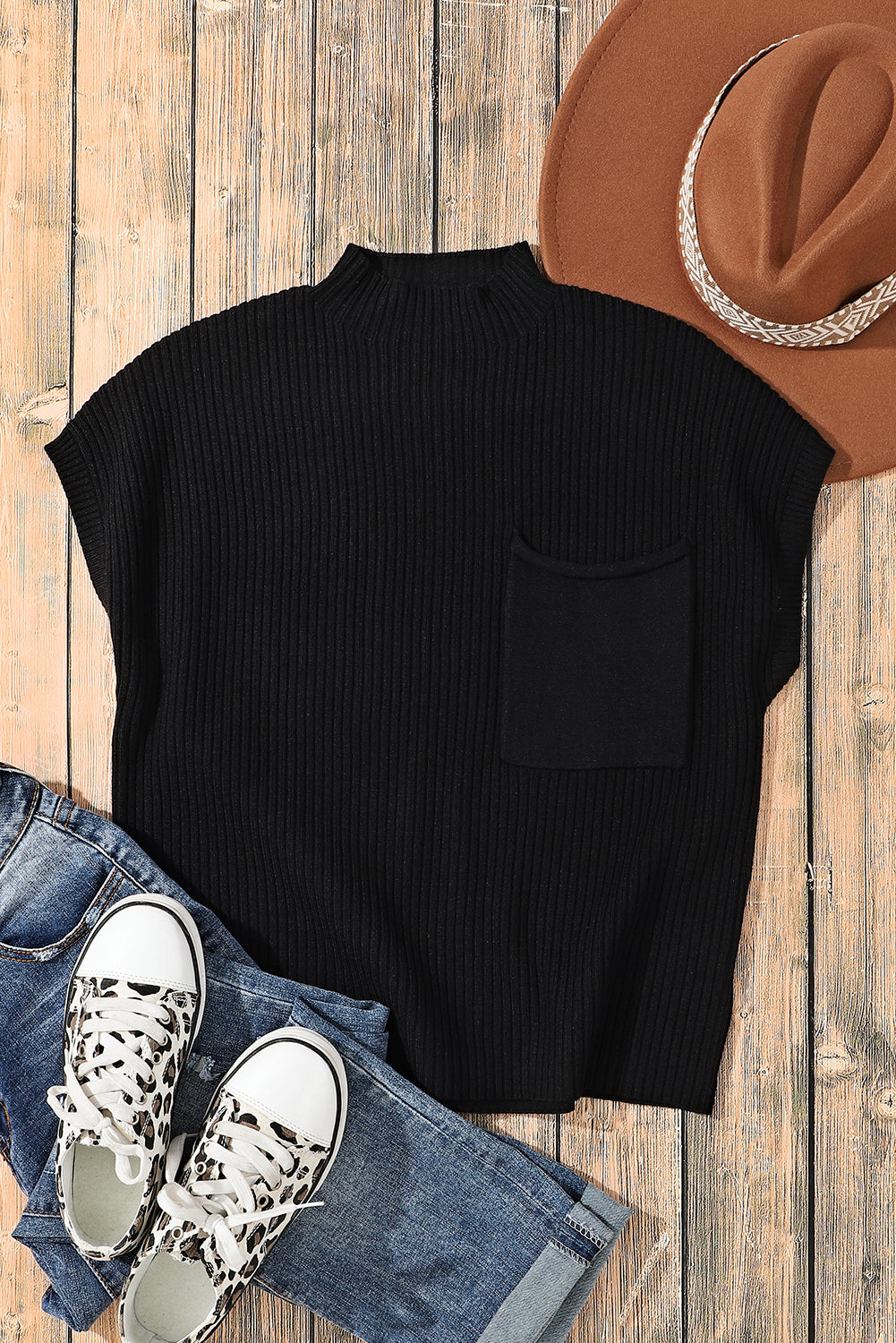 Black Patch Pocket Ribbed Knit Short Sleeve Sweater - Final Sale