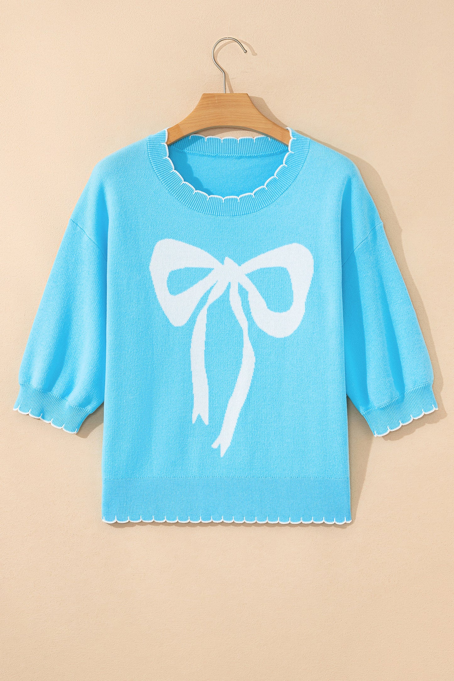 Sachet Pink Big Ribbon Bow Print Contrast Stitch Trim Drop Shoulder Sweater
