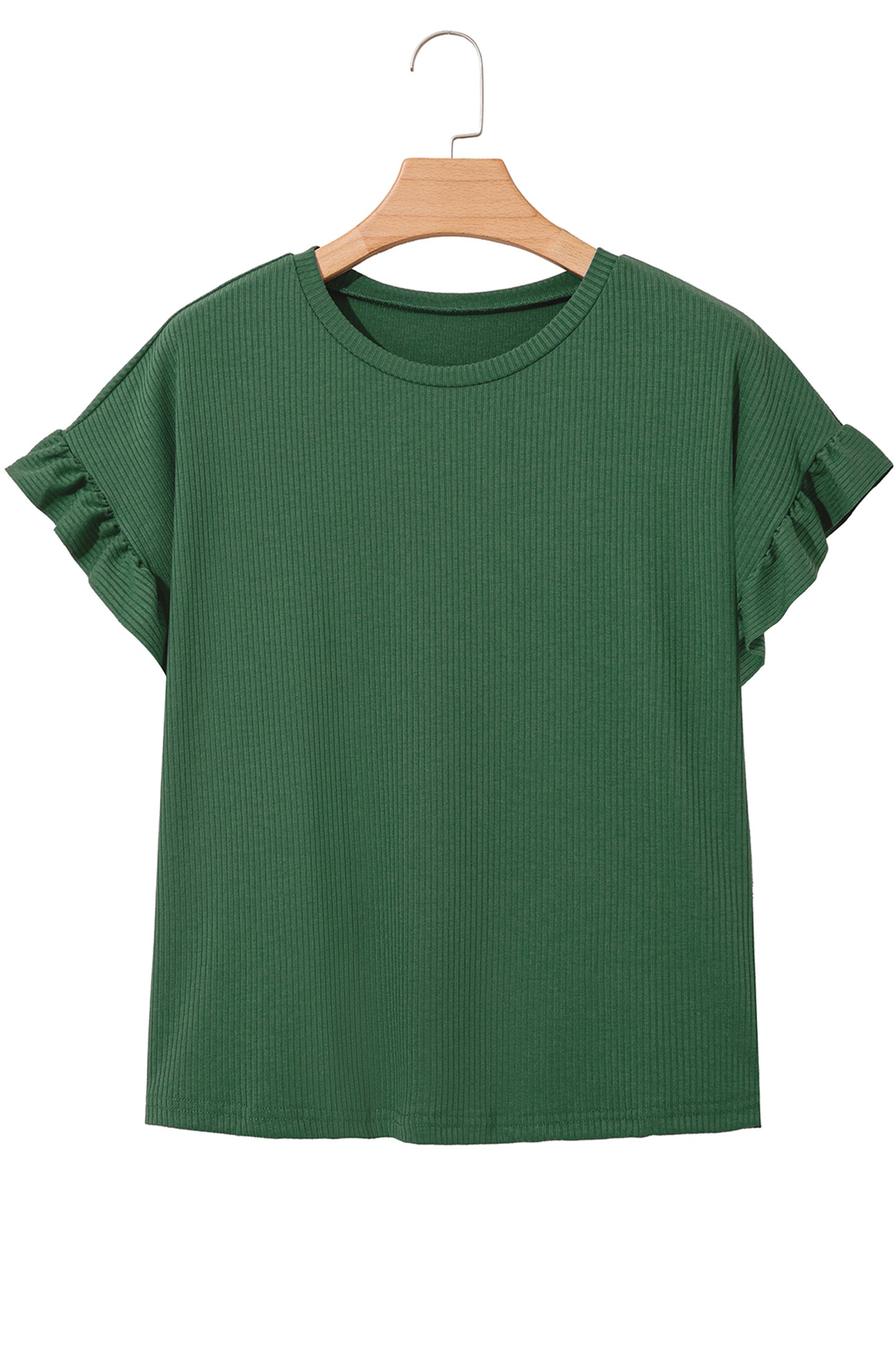Black Solid Color Ribbed Ruffled Short Sleeve T Shirt