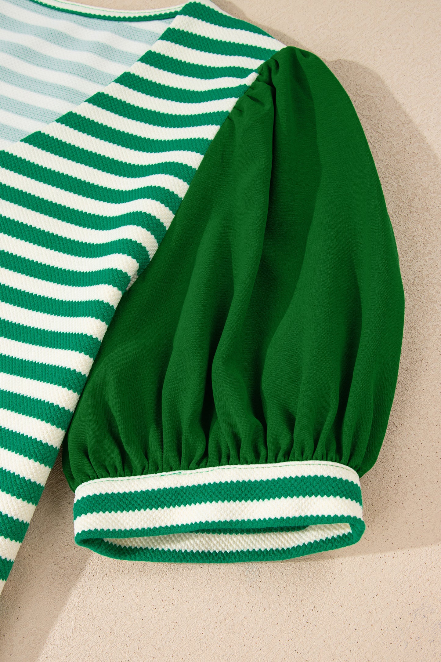 Green Stripe Puff Short Sleeve Patchwork V Neck Blouse