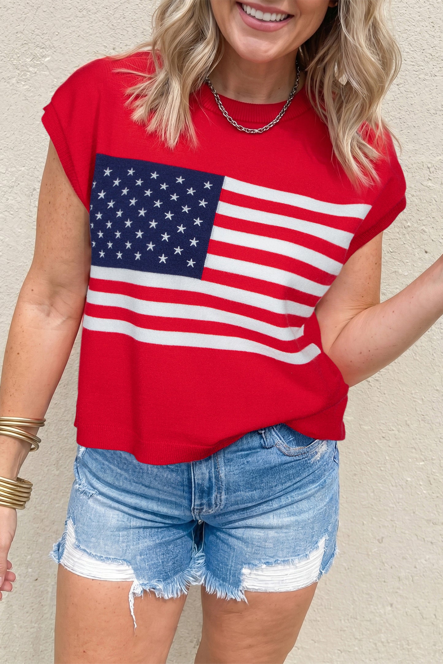 Fiery Red Stars and Stripes Dolman Short Sleeve Sweater