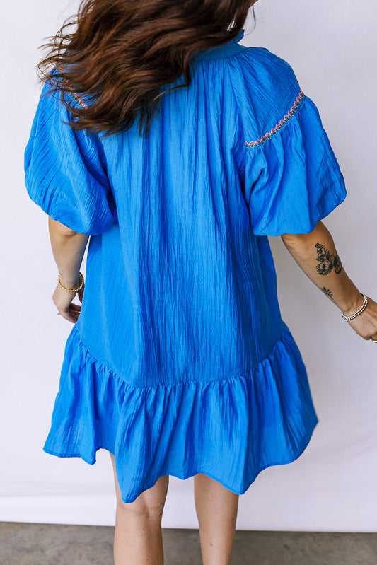 Blue Flower Embroidered Split Neck Short Puff Sleeve Ruffle Hem Dress