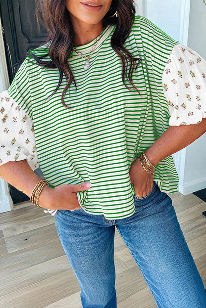 Black Stripe Floral Puff Sleeve Patchwork Round Neck Loose Top