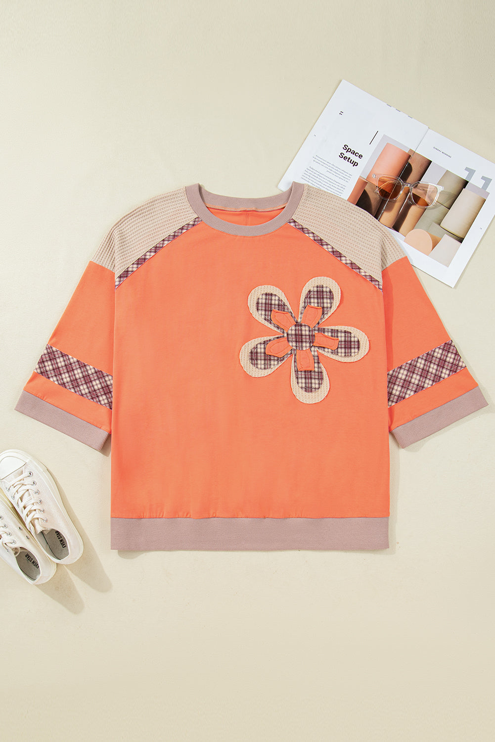 Grapefruit Orange Plaid Flower Waffle Patched Plus Size 3/4 Sleeve Top