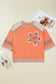 Grapefruit Orange Plaid Flower Waffle Patched Plus Size 3/4 Sleeve Top