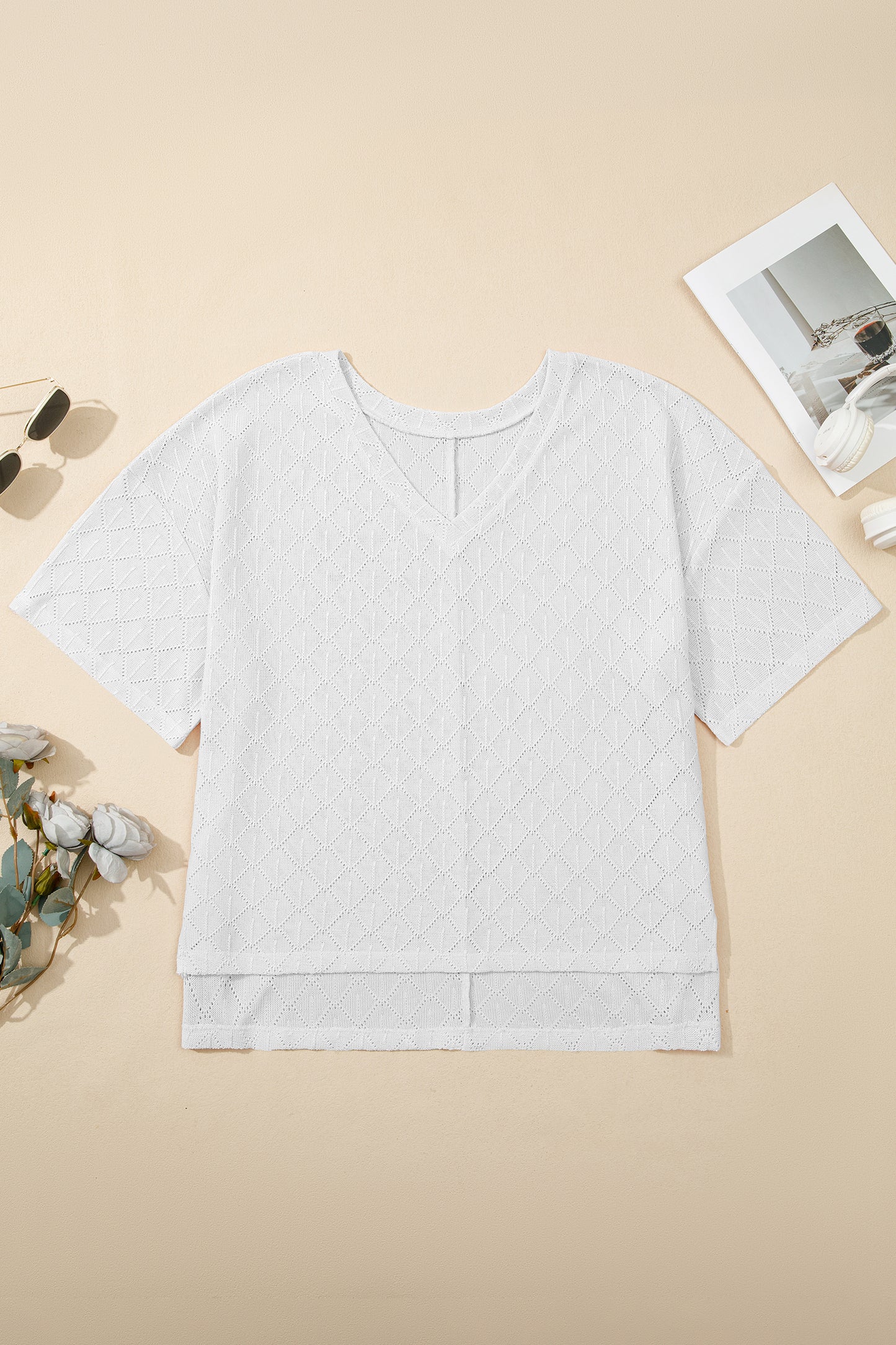 Golden Fleece Pointelle Rhombus Knit Plus Size V Neck Loose Top