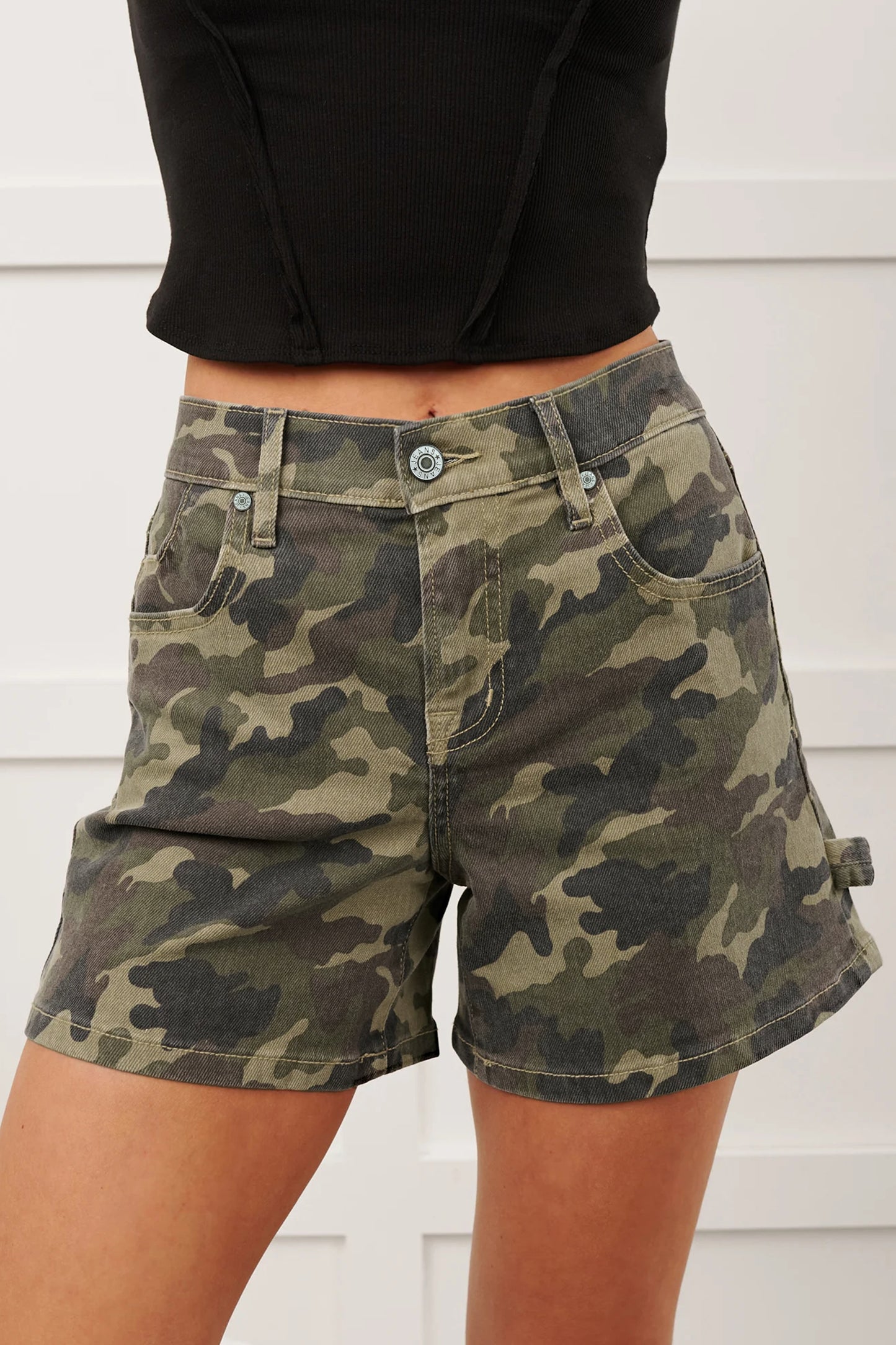 Green Camouflage High Rise Denim Shorts