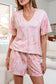 Pink Abstract Print V Neck Loose Tee Drawstring Shorts 2pcs Outfit