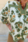 Green Plus Size Floral Printed Contrast Patchwork Detail Tassel Tie 3/4 Sleeve Blouse