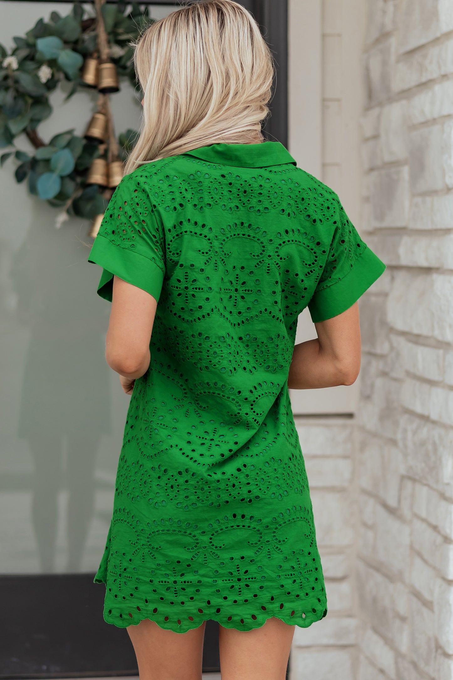 Dark Blue Solid Color Eyelet Embroidered T Shirt Mini Dress