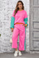 Rose Red 2pcs Color Block Pullover Loose Pant Set