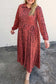 Red Leopard Print Long Sleeve V Neck Plus Size Midi Dress