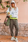 Light Grey Contrast Color Banding Patchwork Puff Sleeve Loose Sweatshirt