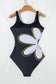 Black Drawstring Big Hole Floral Print Sleeveless One Piece Swimsuit