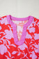 Red Floral Print Split V Neck Cuffed Bracelet Sleeve Blouse