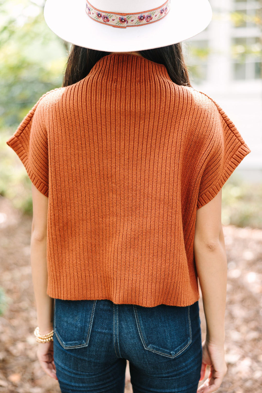 Dark Blue Patch Pocket Ribbed Knit Short Sleeve Sweater