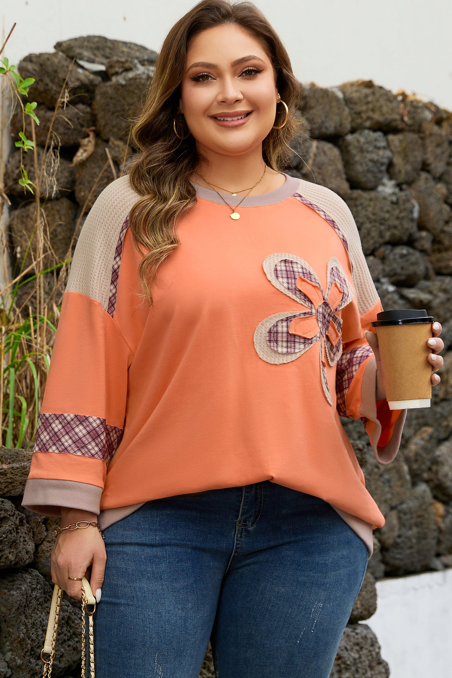 Grapefruit Orange Plaid Flower Waffle Patched Plus Size 3/4 Sleeve Top