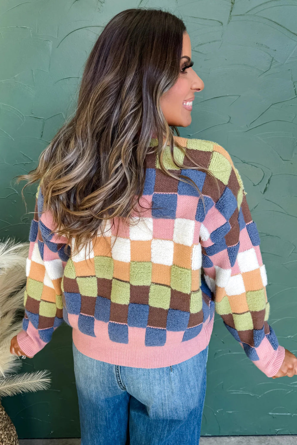 Multicolour Plush Checkered Pattern Button Front Cardigan Sweater