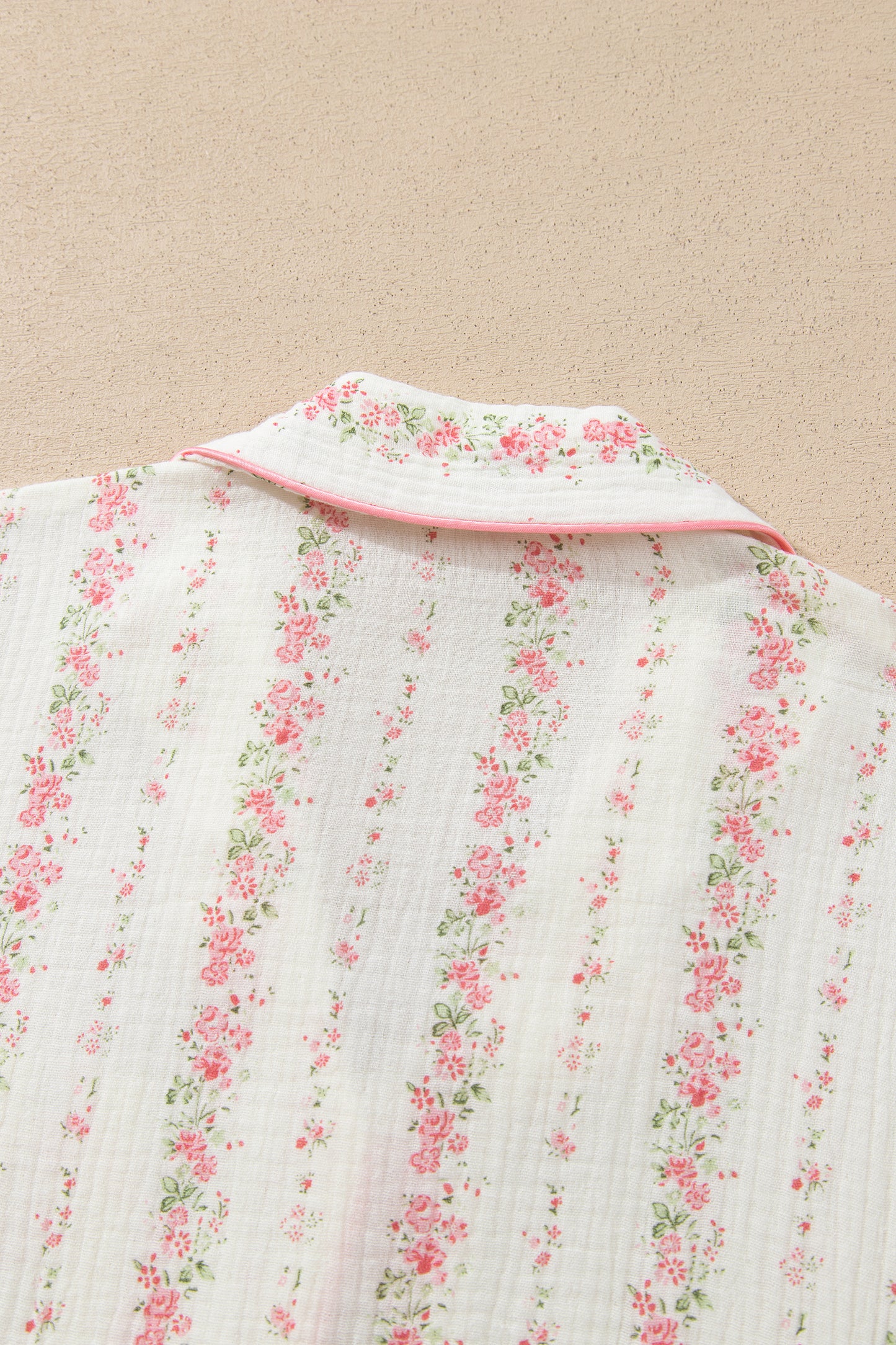 Pink Floral Print Long Sleeve Button Front Shirt Pajama Pant Set