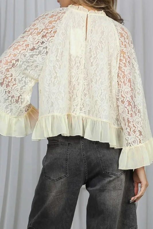 White Sheer Lace Long Sleeve Ruffle Trim Loose Blouse