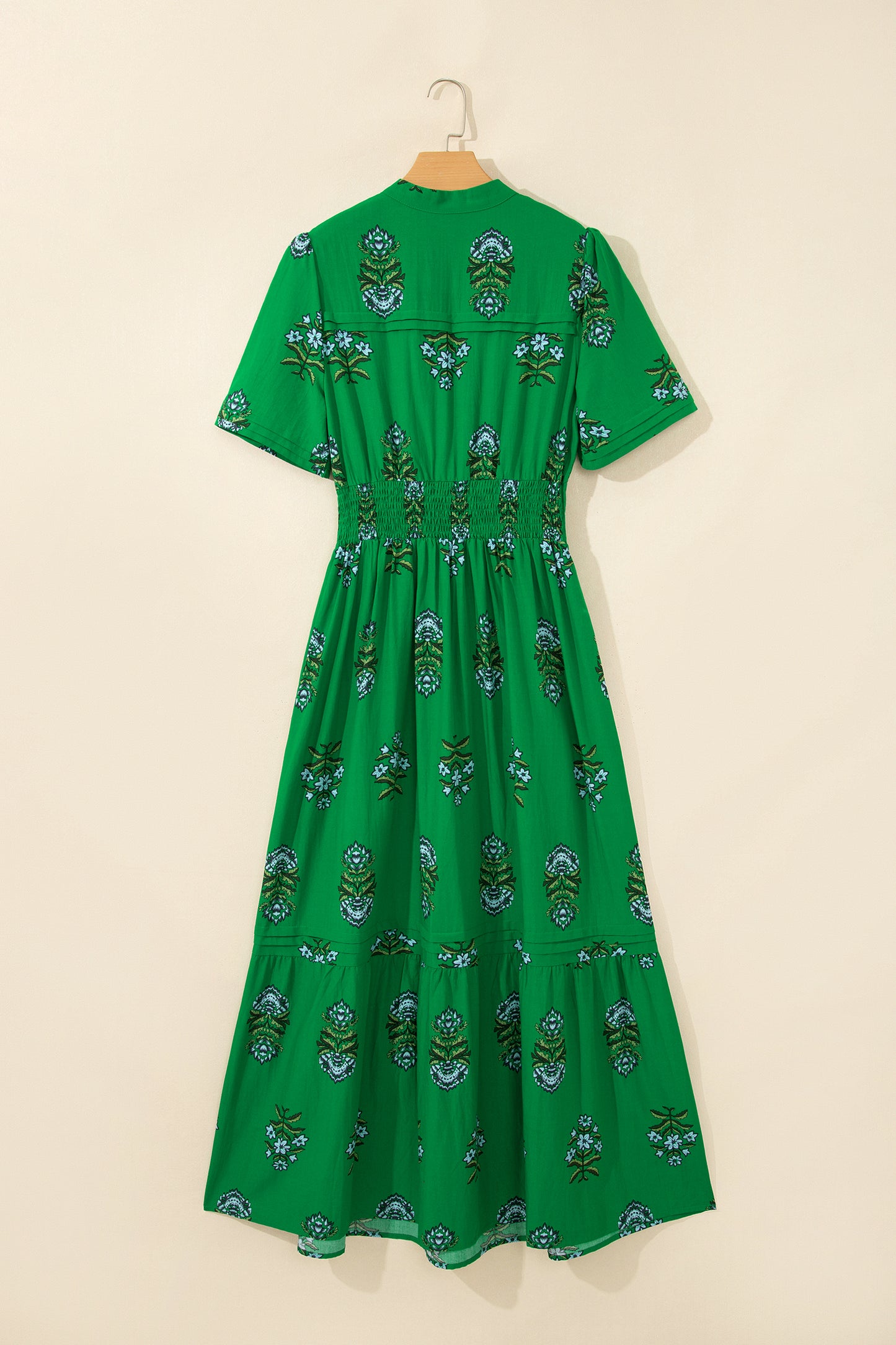 White Floral Print Split Neck Shirred High Waist Ruffle Hem Maxi Dress