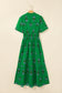 White Floral Print Split Neck Shirred High Waist Ruffle Hem Maxi Dress
