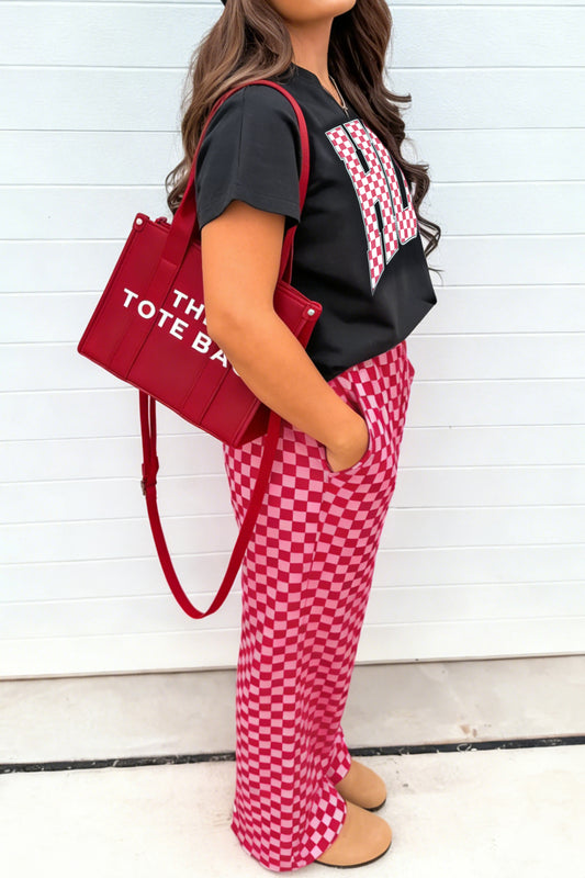 Black V Neck HONEY Tee Contrasted Checkered Pant Set