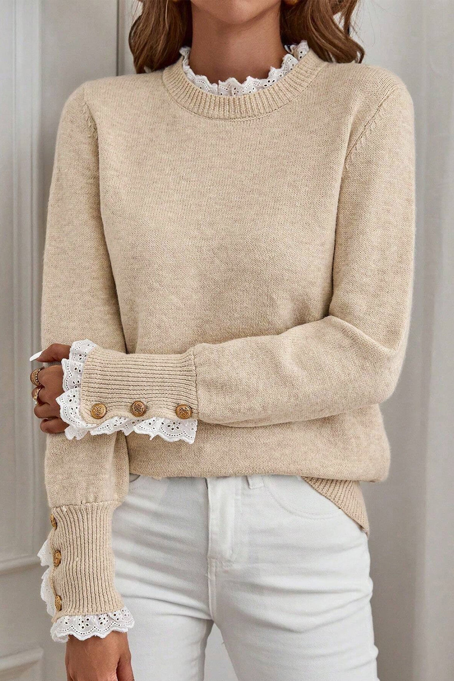 Racing Red Lace Trim Patchwork Buttoned Cuffs Loose Sweater